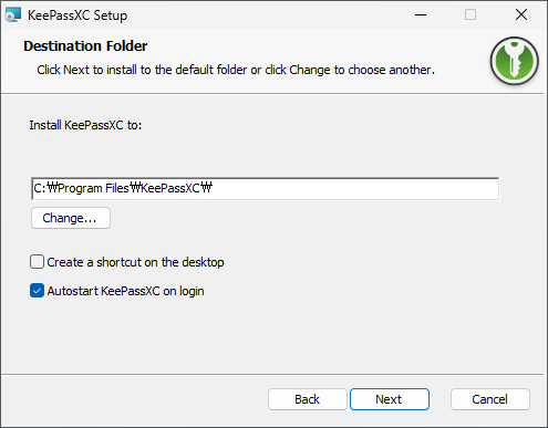 Selezione del percorso di installazione di KeePassXC e impostazioni delle opzioni di avvio automatico