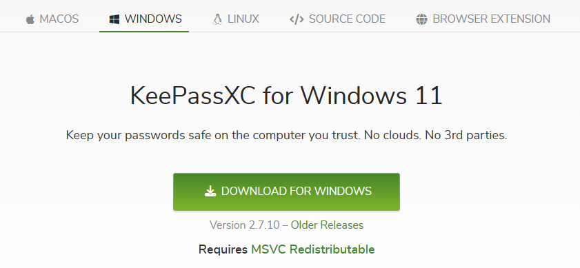 Pagina di download di KeePassXC per Windows 11