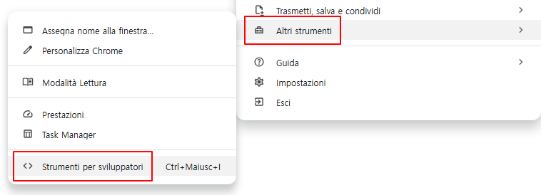 Seleziona Altri strumenti - Strumenti per sviluppatori dal menu Chrome