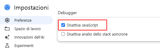Seleziona l'opzione Disabilita JavaScript nelle impostazioni degli strumenti per sviluppatori
