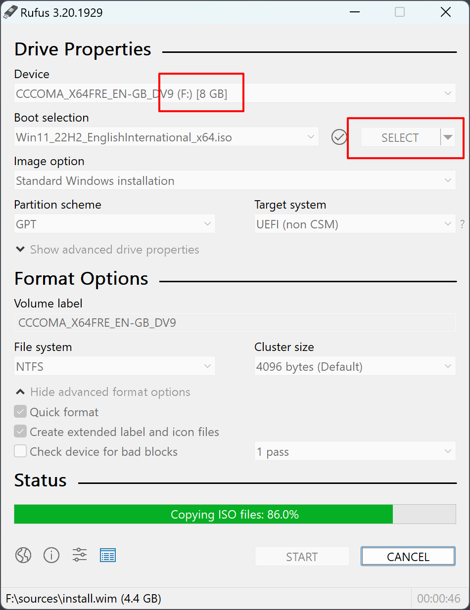 Schermata impostazioni principali Rufus