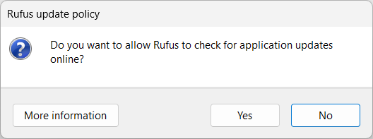 Popup verifica aggiornamenti Rufus